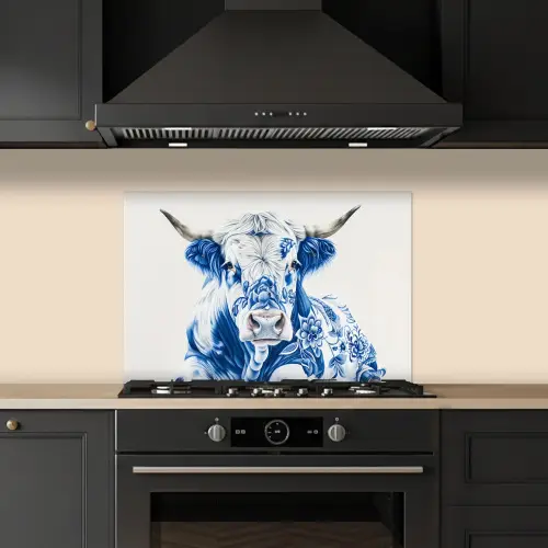 Koe - Delfts blauw - Bloemen - Kunst keuken achterwand spatscherm klein -sfeer1