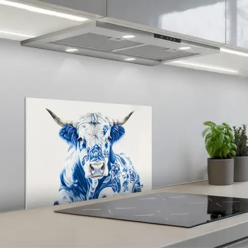 Koe - Delfts blauw - Bloemen - Kunst keuken achterwand spatscherm klein -3d_schuin