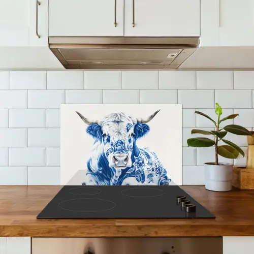 Koe - Delfts blauw - Bloemen - Kunst keuken achterwand spatscherm klein -sfeer2