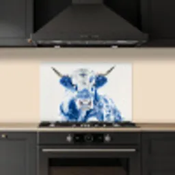Koe - Delfts blauw - Bloemen - Kunst keuken achterwand spatscherm klein -sfeer1