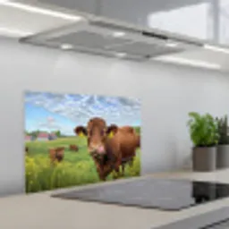 Koe - Weide - Bloemen keuken achterwand spatscherm klein -3d_schuin