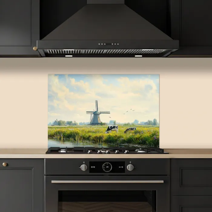 Koeien - Windmolen - Weide - Blauw keuken achterwand spatscherm klein -sfeer1