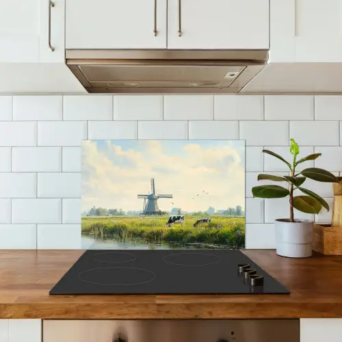 Koeien - Windmolen - Weide - Blauw keuken achterwand spatscherm klein -sfeer2