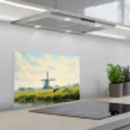 Koeien - Windmolen - Weide - Blauw keuken achterwand spatscherm klein -3d_schuin