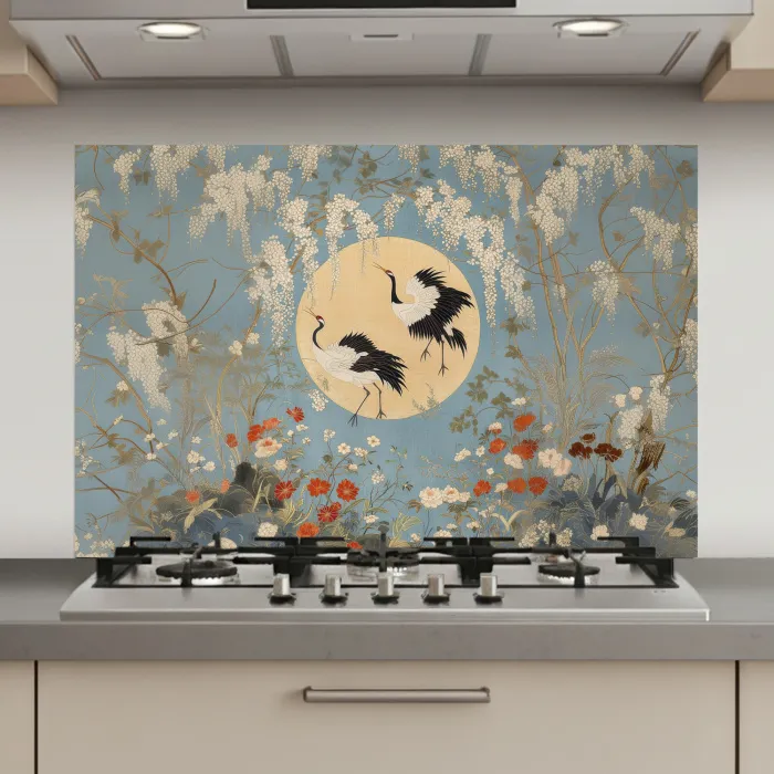 Kraanvogels - Maan - Bloemen - Blauw keuken achterwand spatscherm klein -3d_website