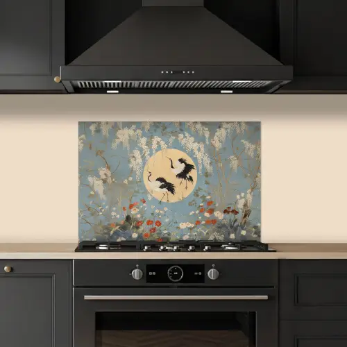 Kraanvogels - Maan - Bloemen - Blauw keuken achterwand spatscherm klein -sfeer1