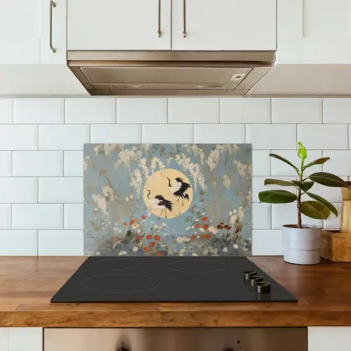 Kraanvogels - Maan - Bloemen - Blauw keuken achterwand spatscherm klein -sfeer2