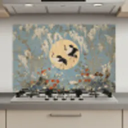 Kraanvogels - Maan - Bloemen - Blauw keuken achterwand spatscherm klein -3d_website
