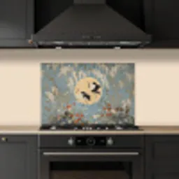 Kraanvogels - Maan - Bloemen - Blauw keuken achterwand spatscherm klein -sfeer1