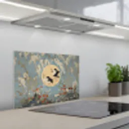 Kraanvogels - Maan - Bloemen - Blauw keuken achterwand spatscherm klein -3d_schuin