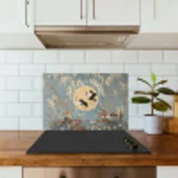 Kraanvogels - Maan - Bloemen - Blauw keuken achterwand spatscherm klein -sfeer2