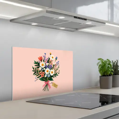 Margrieten - Boeket - Strikje - Roze keuken achterwand spatscherm klein -3d_schuin