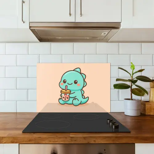 Dino - Boba - kawaii - Oranje keuken achterwand spatscherm klein -sfeer2