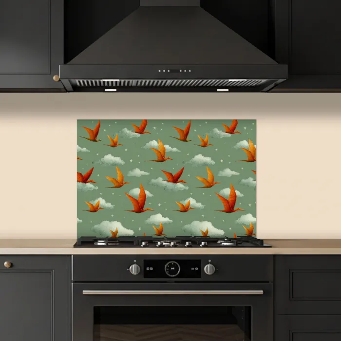 Dinosaurussen - Wolken - Sterren - Oranje keuken achterwand spatscherm klein -sfeer1
