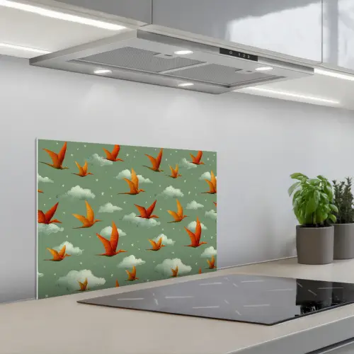 Dinosaurussen - Wolken - Sterren - Oranje keuken achterwand spatscherm klein -3d_schuin
