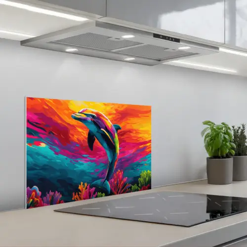 Dolfijn - Kleurrijk - Oceaan - Koraal keuken achterwand spatscherm klein -3d_schuin