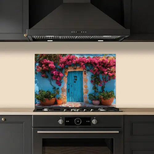 Deur - Hout - Bloemen - Blauw keuken achterwand spatscherm klein -sfeer1