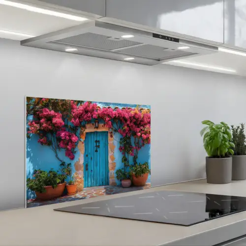 Deur - Hout - Bloemen - Blauw keuken achterwand spatscherm klein -3d_schuin