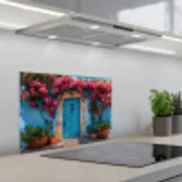 Deur - Hout - Bloemen - Blauw keuken achterwand spatscherm klein -3d_schuin