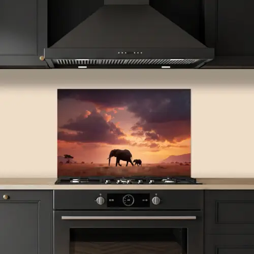Olifanten - Grasland - Zonsondergang keuken achterwand spatscherm klein -sfeer1