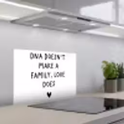 Engelse quote "DNA doesn't make a family, love does" met een hartje op een witte achtergrond keuken achterwand spatscherm klein -3d_schuin