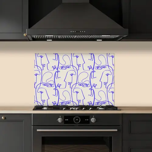 Gezicht - Blauw - Lijnen - Beige keuken achterwand spatscherm klein 900 -sfeer1