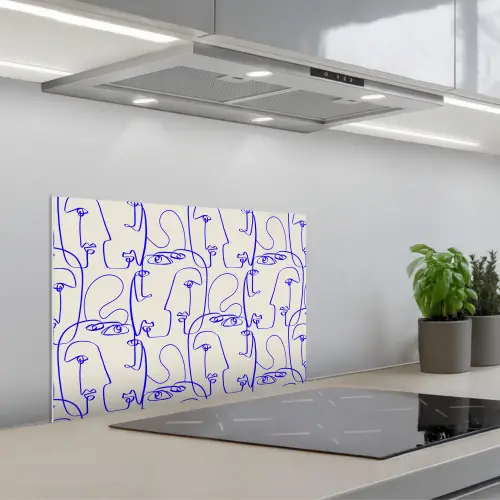 Gezicht - Blauw - Lijnen - Beige keuken achterwand spatscherm klein 900 -3d_schuin