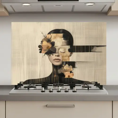 Gezicht - Bloemen - Zwart - Vrouw keuken achterwand spatscherm klein -3d_website
