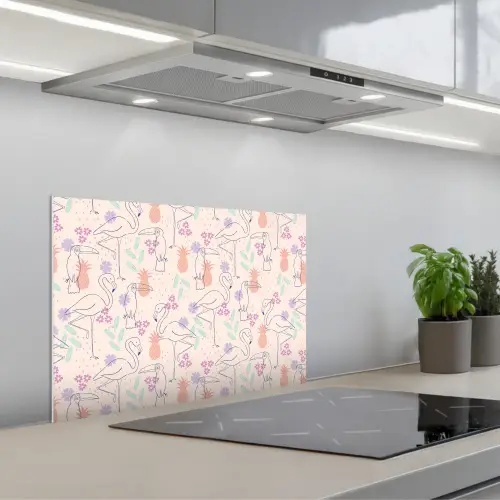 Flamingo - Toekan - Tropisch - Patroon keuken achterwand spatscherm klein 900 -3d_schuin