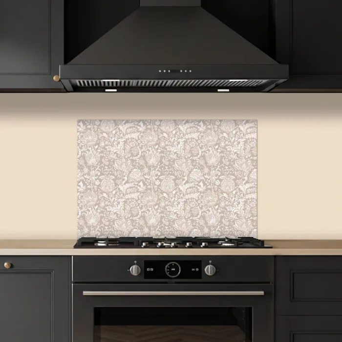Bloemenprint - Grijs - Crème keuken achterwand spatscherm klein 900 -sfeer1