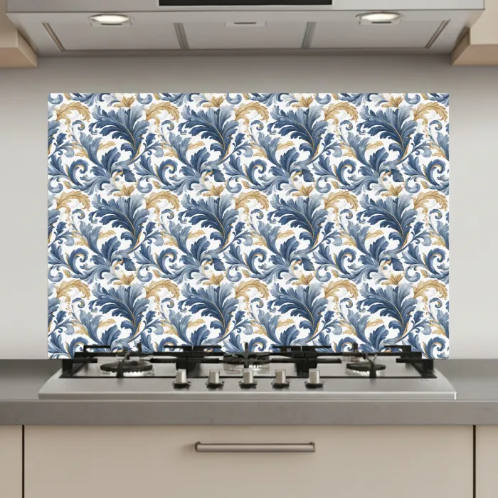 Bloem - Blauw - Goud - Patroon keuken achterwand spatscherm klein 900 -3d_website