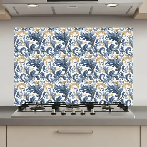 Bloem - Blauw - Goud - Patroon keuken achterwand spatscherm klein 900 -3d_website