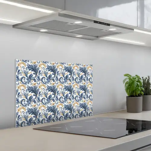 Bloem - Blauw - Goud - Patroon keuken achterwand spatscherm klein 900 -3d_schuin