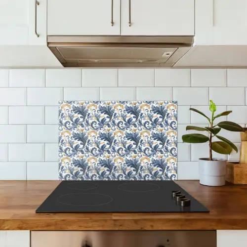 Bloem - Blauw - Goud - Patroon keuken achterwand spatscherm klein 900 -sfeer2