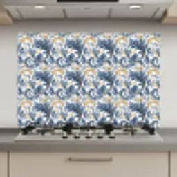 Bloem - Blauw - Goud - Patroon keuken achterwand spatscherm klein 900 -3d_website