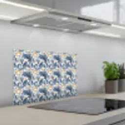 Bloem - Blauw - Goud - Patroon keuken achterwand spatscherm klein 900 -3d_schuin
