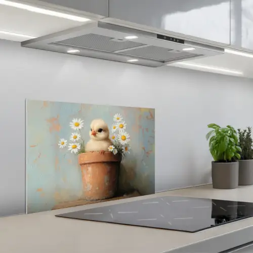 Bloempot - Kuiken - Bloemetjes keuken achterwand spatscherm klein -3d_schuin