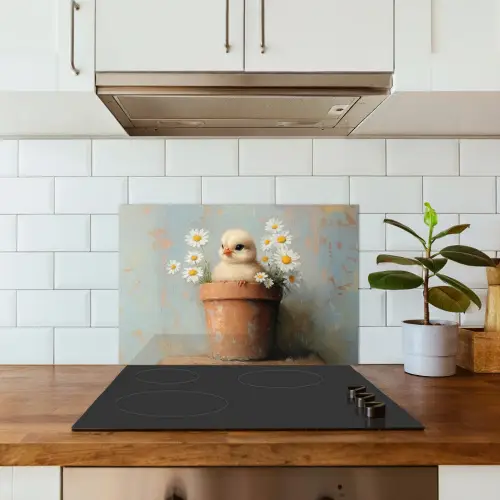 Bloempot - Kuiken - Bloemetjes keuken achterwand spatscherm klein -sfeer2