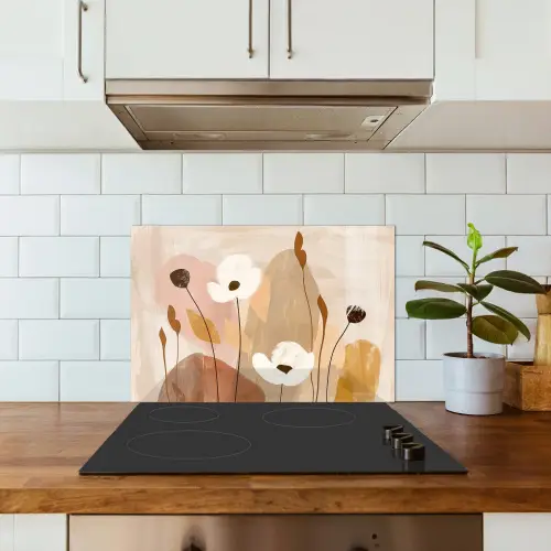 Bloemen - Abstract - Beige - Kunst keuken achterwand spatscherm klein -sfeer2