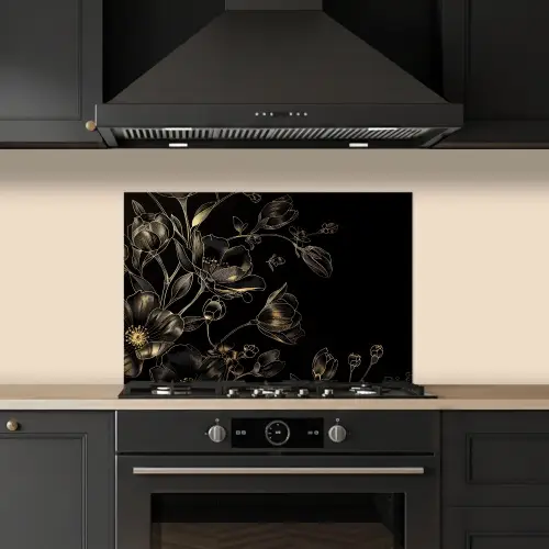 Bloemen - Kunst - Goud - Zwart keuken achterwand spatscherm klein -sfeer1