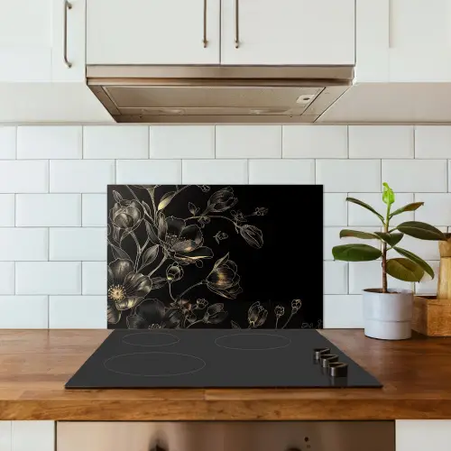 Bloemen - Kunst - Goud - Zwart keuken achterwand spatscherm klein -sfeer2