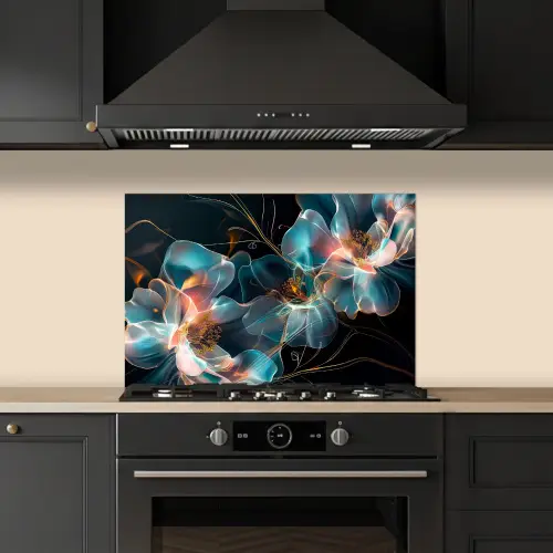 Bloemen - Zwart - Licht - Flora keuken achterwand spatscherm klein -sfeer1