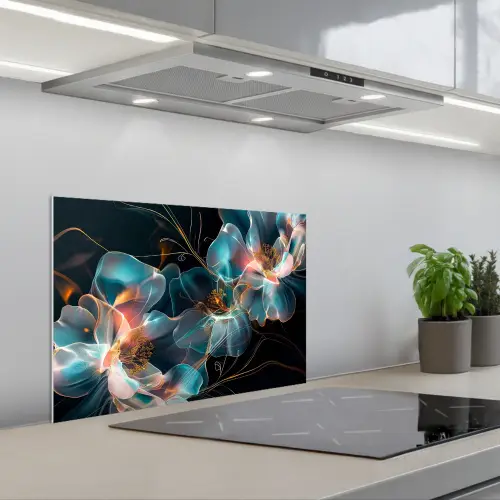 Bloemen - Zwart - Licht - Flora keuken achterwand spatscherm klein -3d_schuin