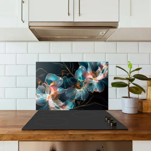 Bloemen - Zwart - Licht - Flora keuken achterwand spatscherm klein -sfeer2