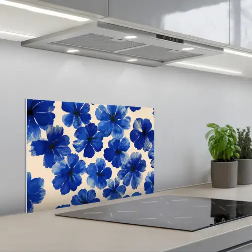 Bloemen - Blauw -Patroon - Wit keuken achterwand spatscherm klein -3d_schuin