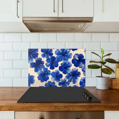 Bloemen - Blauw -Patroon - Wit keuken achterwand spatscherm klein -sfeer2