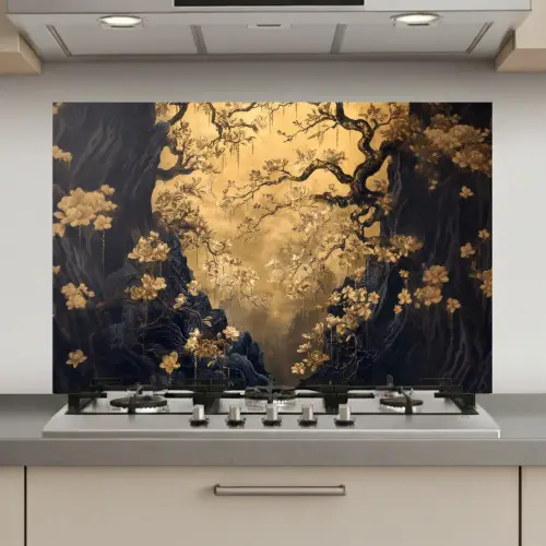 Bloemen - Takken - Goud - Sierlijk keuken achterwand spatscherm klein -3d_website