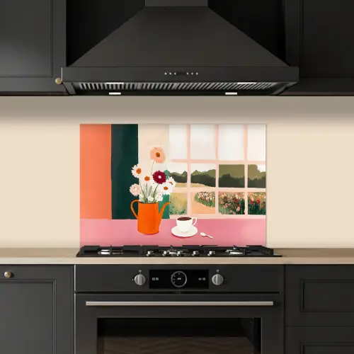 Bloemen - Koffie - Raam keuken achterwand spatscherm klein -sfeer1