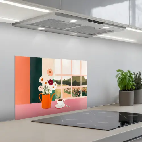 Bloemen - Koffie - Raam keuken achterwand spatscherm klein -3d_schuin