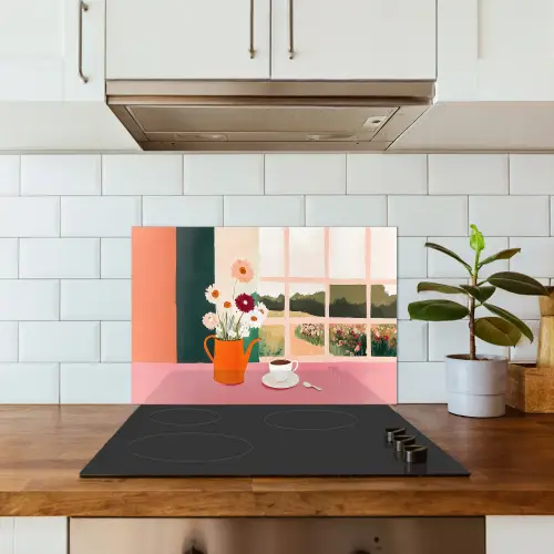 Bloemen - Koffie - Raam keuken achterwand spatscherm klein -sfeer2
